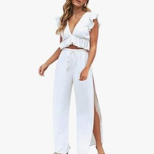 2 Piece Outfit V Neck Crop Top Side Slit Drawstring Wide Leg Pants Set Jumpsuit